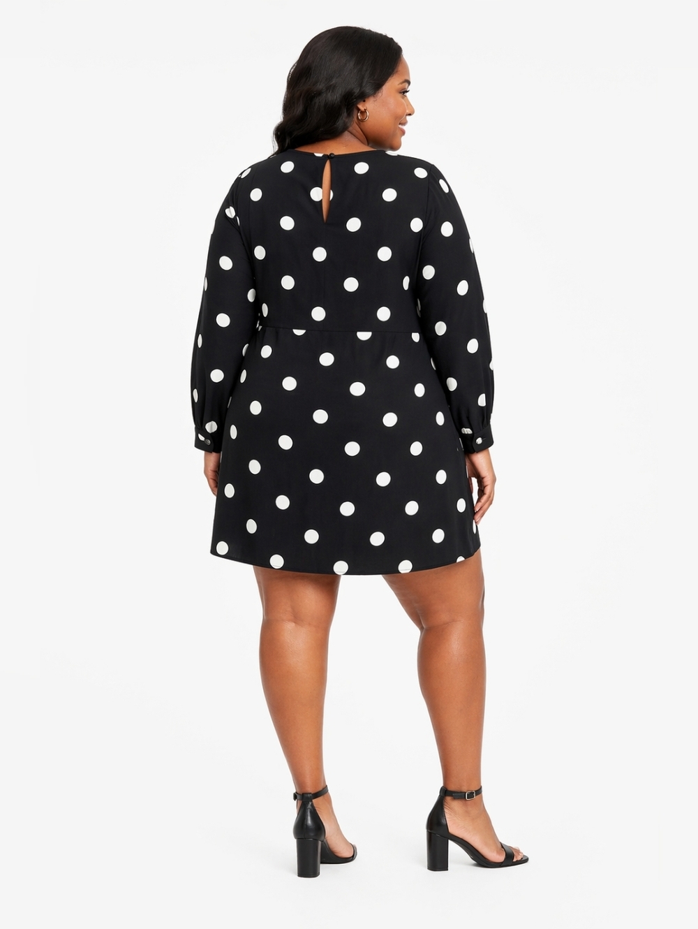 H & M Plus Size Polka Dot Long Sleeve A-Line Dress - Black/White Size 26 - Picture 2 of 3